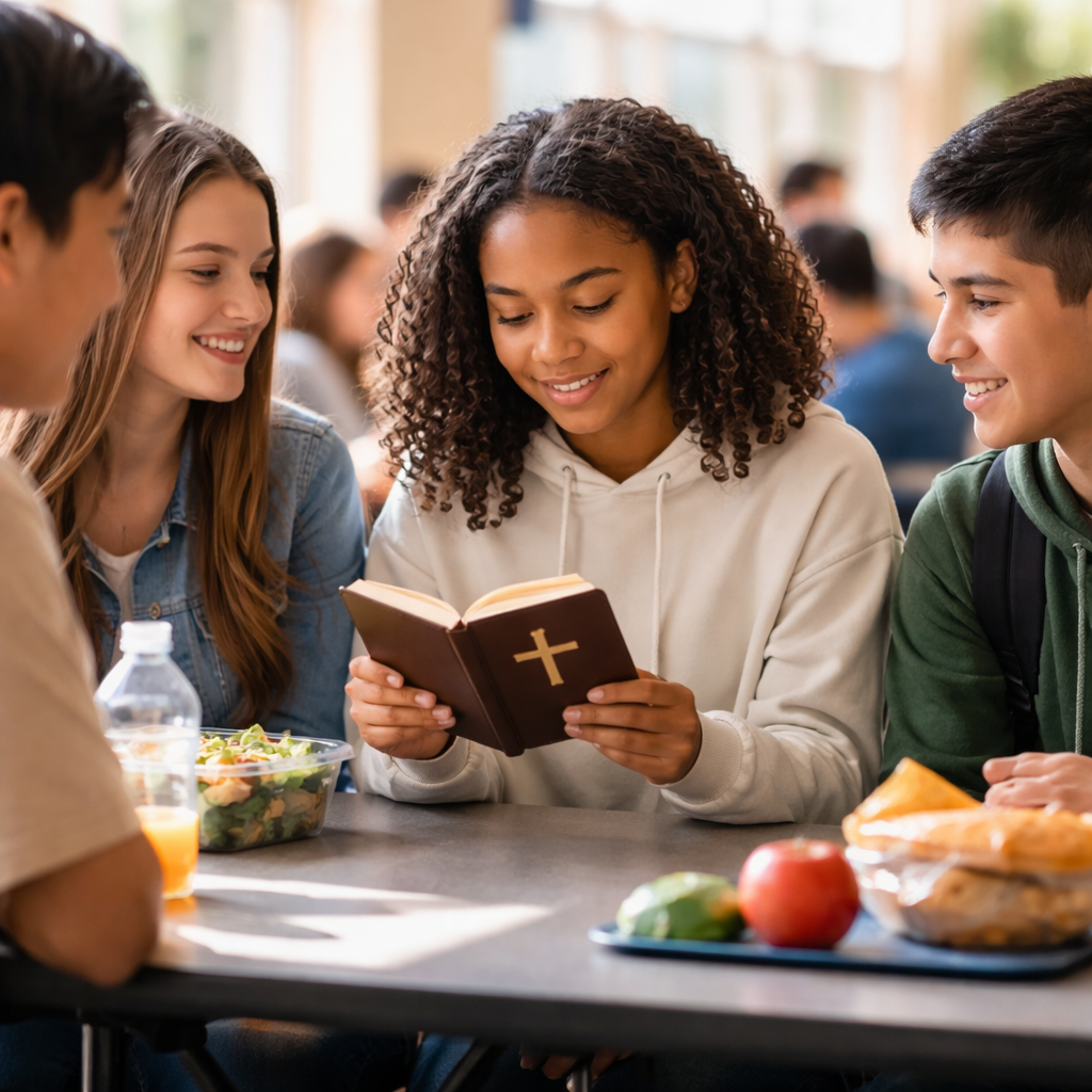 A realistic photo of a diverse group of high school students sitting together at a lunch table, one quietly reading a small notebook with a faith symbol, natural lighting, showing respectful interaction. Alt: Students building respectful relationships while living out faith in public school.