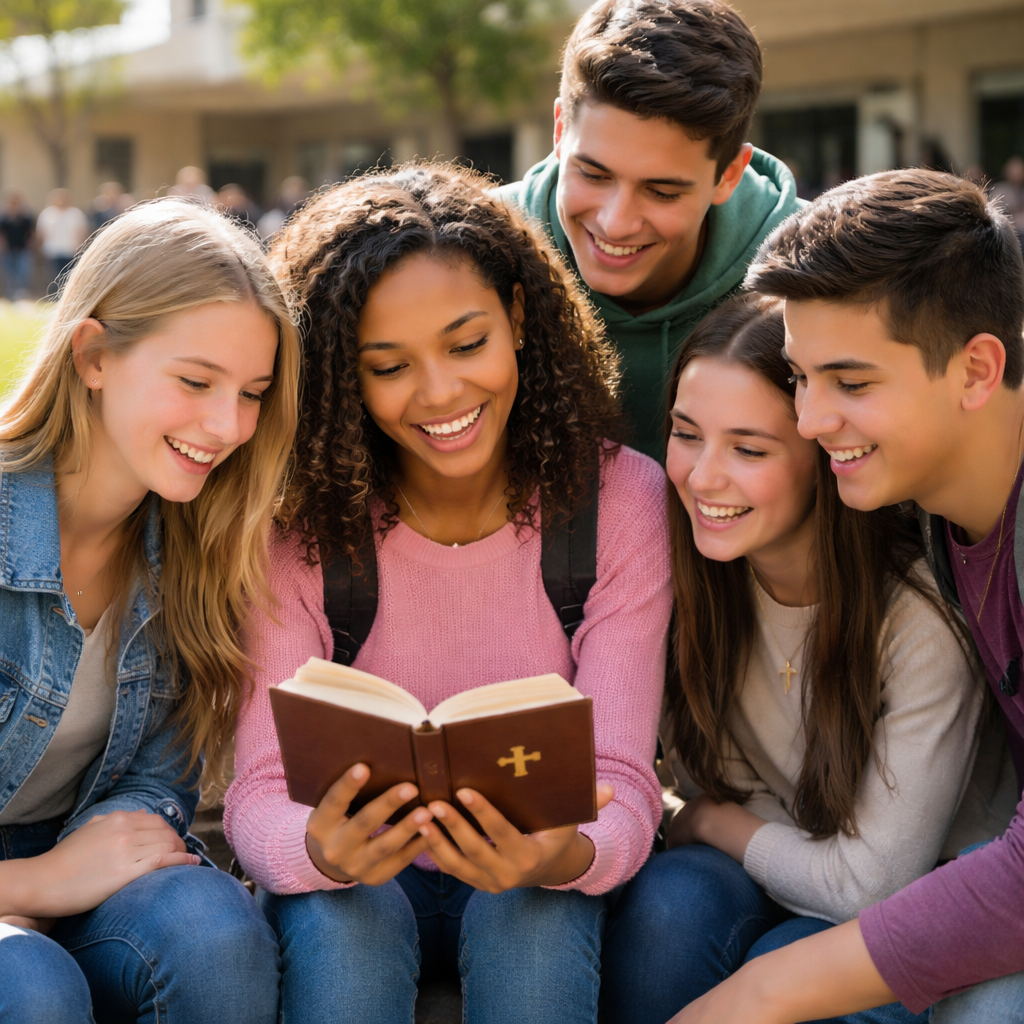 A photorealistic scene of a group of high school students sitting together in a school courtyard, sharing a small Bible or prayer journal, smiling and supportive. Alt: Students finding supportive faith communities in school.