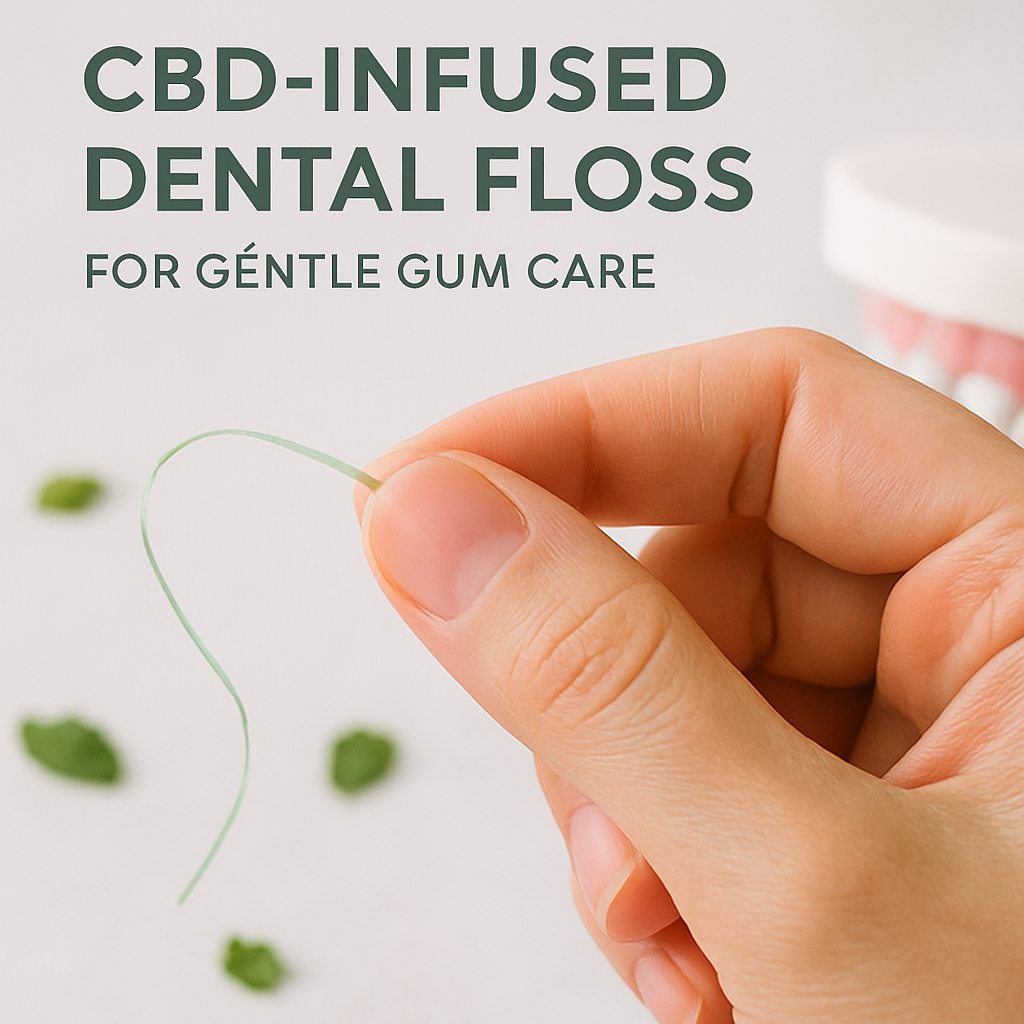A close‑up of a hand holding a strand of green‑tinted CBD dental floss against a soft white background, with tiny specks of mint leaf and a hint of a dental model in the blur. Alt: CBD-infused dental floss for gentle gum care