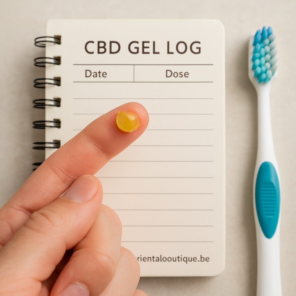 A close‑up of a hand holding a notebook beside a toothbrush, with a pea‑sized dab of CBD gel on the fingertip. Alt: Monitoring CBD mondgel use for inflamed gums with a simple log.
