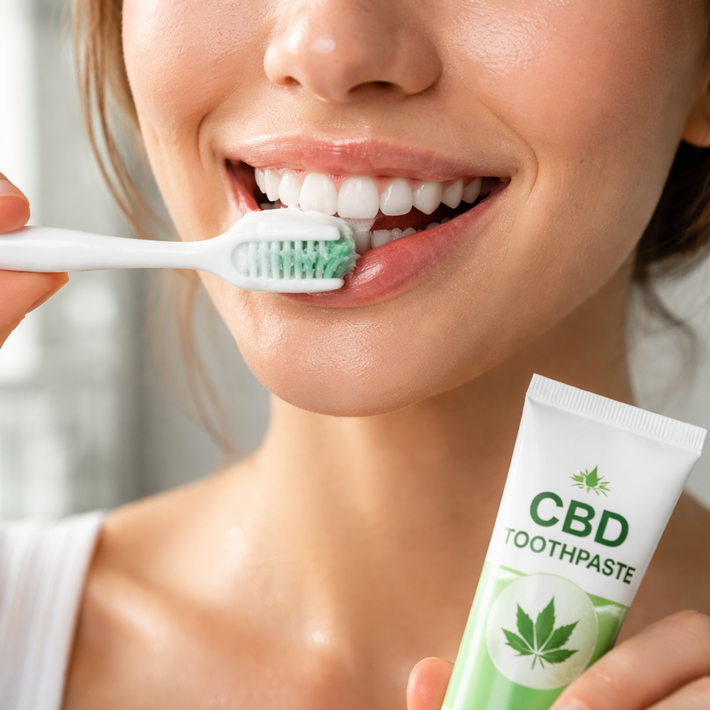 A photorealistic close‑up of a person brushing teeth with a CBD‑infused toothpaste, showing a subtle mist of saliva on the lips, bright bathroom lighting, realistic style.