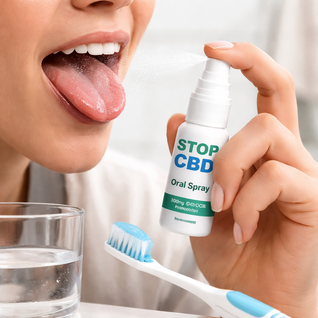 A photorealistic close‑up of a person holding a STOP CBD oral spray bottle and a toothbrush, with a small glass of water nearby. The scene shows the person gently spraying the product onto their tongue, illustrating balanced moisture. Alt: How CBD oral care affects saliva production, practical tips visualized.