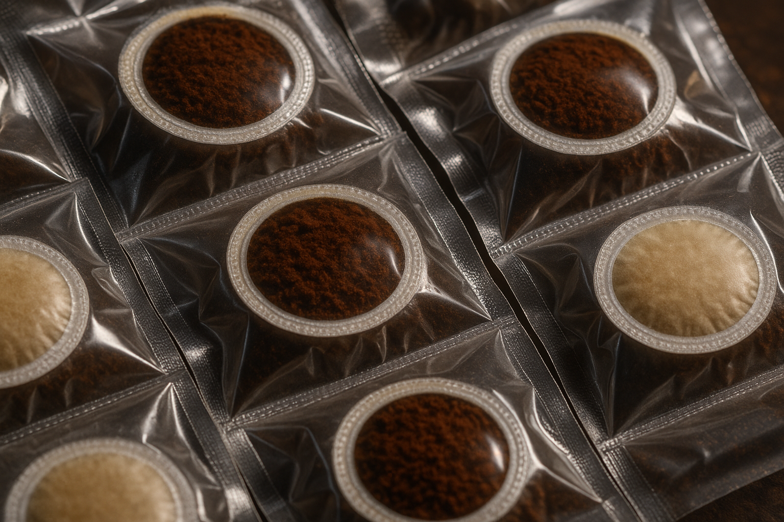 A close-up image of freshly roasted coffee pods sealed in airtight packaging. Alt: Fresh coffee pods delivered sealed for ultimate flavor freshness.