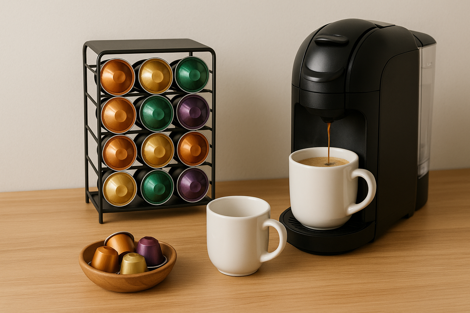A coffee station at home featuring a pod coffee machine with pods and cups ready. Alt: Best practices for coffee pods delivered at home brewing station.