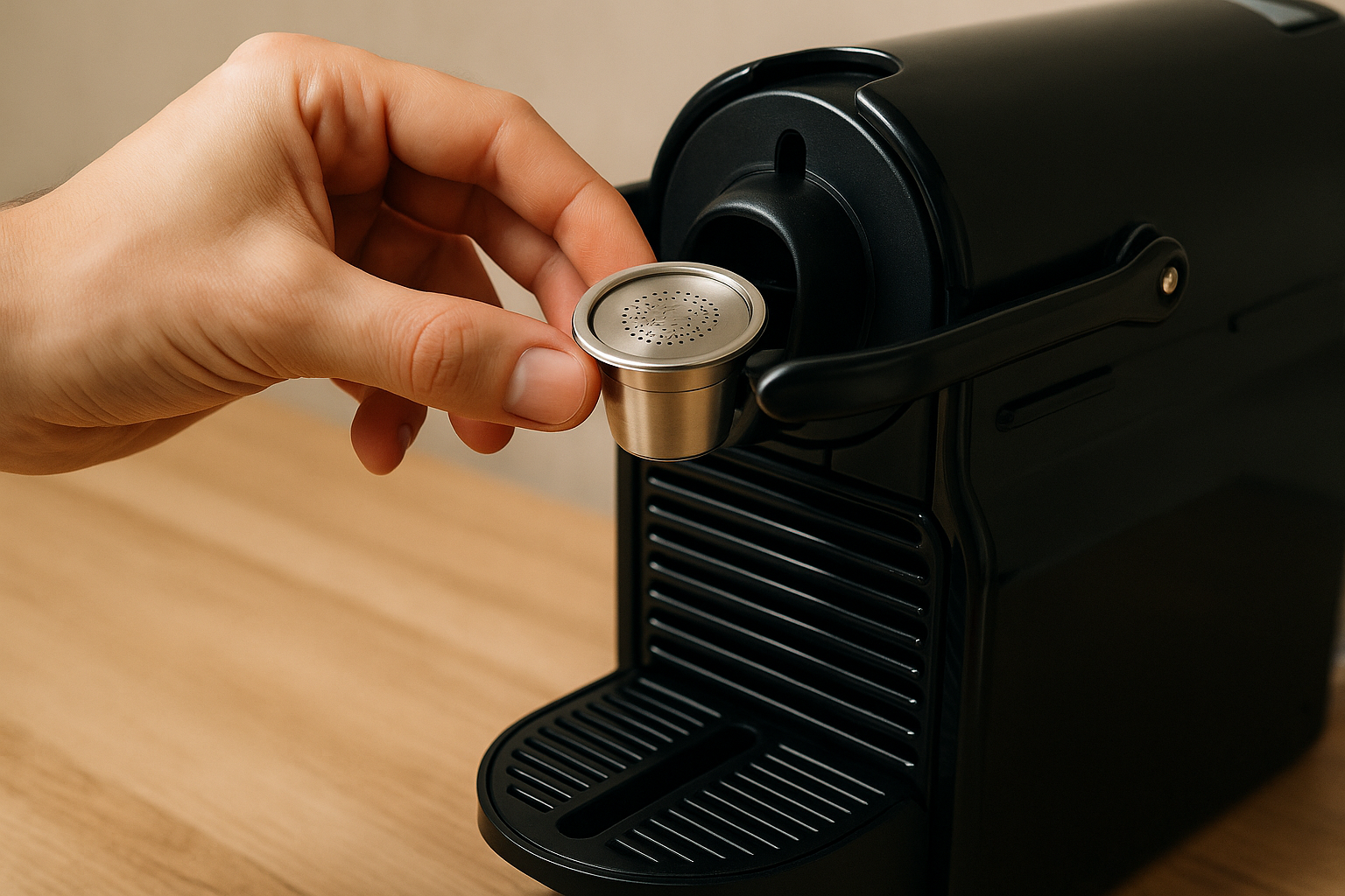 A hand inserting a reusable coffee pod into a Nespresso machine. Alt: Using reusable coffee pods delivered as a sustainable coffee brewing option.