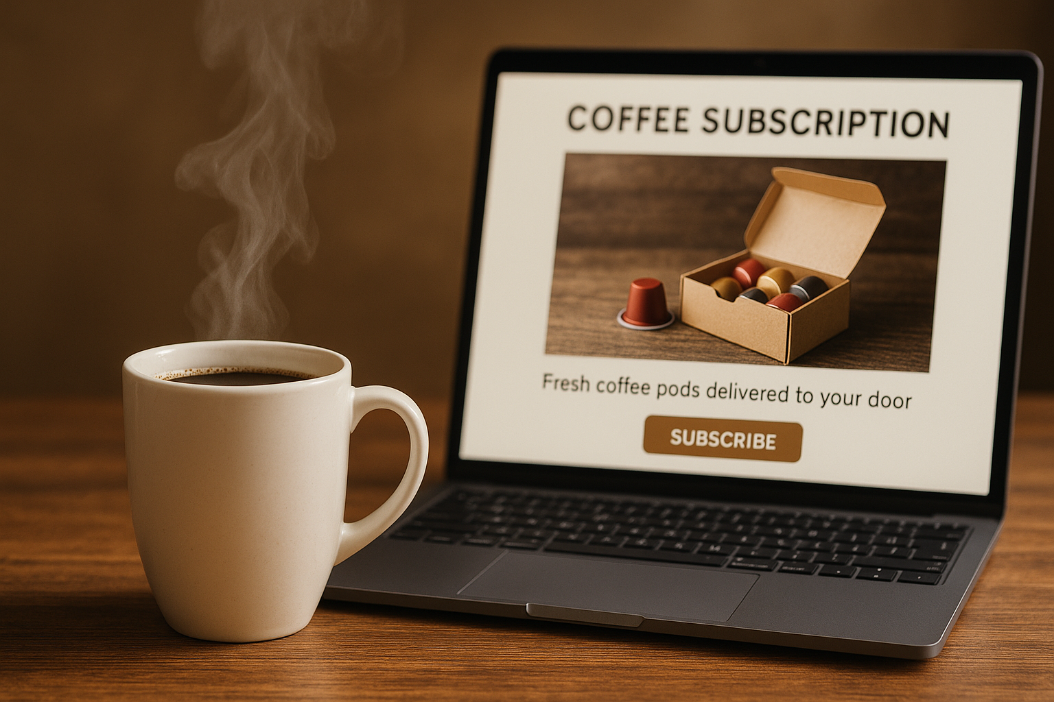 An inviting coffee cup with steam rising beside an open laptop showing an online coffee subscription service. Alt: Ordering coffee pods delivered online for ultimate convenience and freshness.