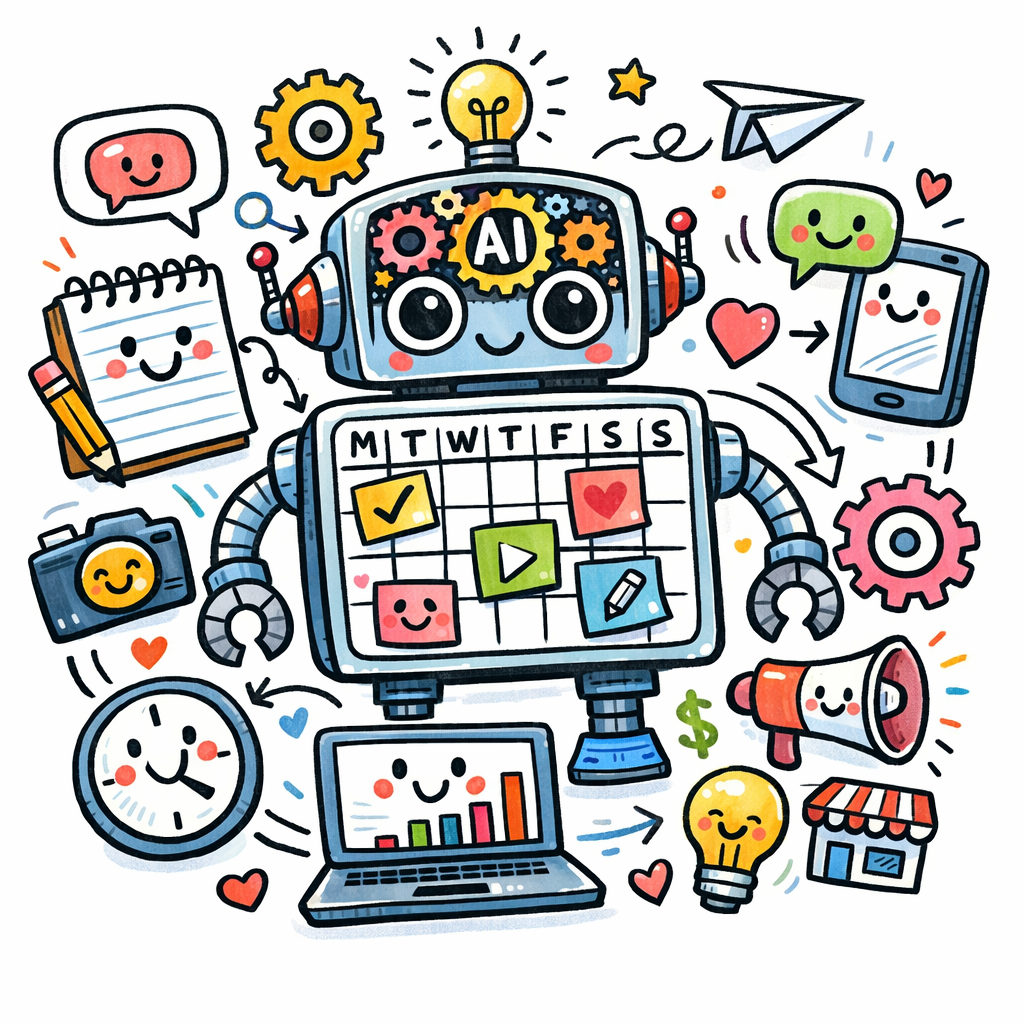 A doodle of a robotic calendar with AI gears, bright colors, and smiling content icons, illustrating automated content planning for small business marketers. Alt: AI‑powered content calendar illustration