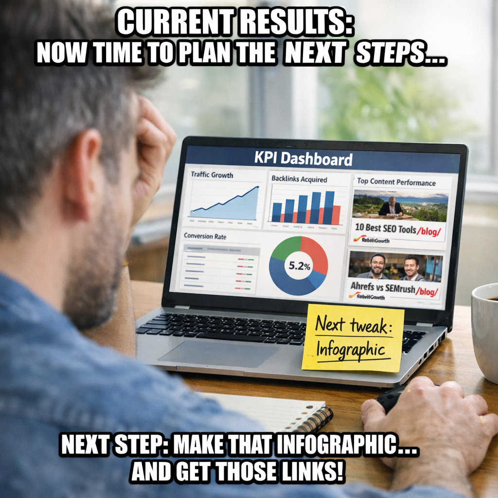 A realistic photorealistic scene of a digital marketer at a desk, reviewing a KPI dashboard on a laptop while a sticky note reads “Next tweak: infographic”, a coffee mug nearby, bright natural light, representing the conclusion and next steps for content marketing and link building. Alt: Content marketing and link building next steps dashboard.