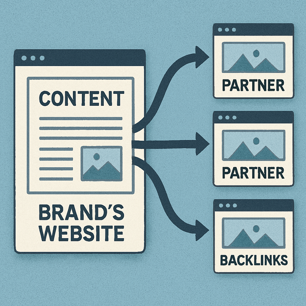 An illustration of a content piece traveling from a brand's website to multiple partner sites, with arrows showing backlinks flowing back. Alt: Diagram of content syndication SEO process showing content republishing and backlink flow.