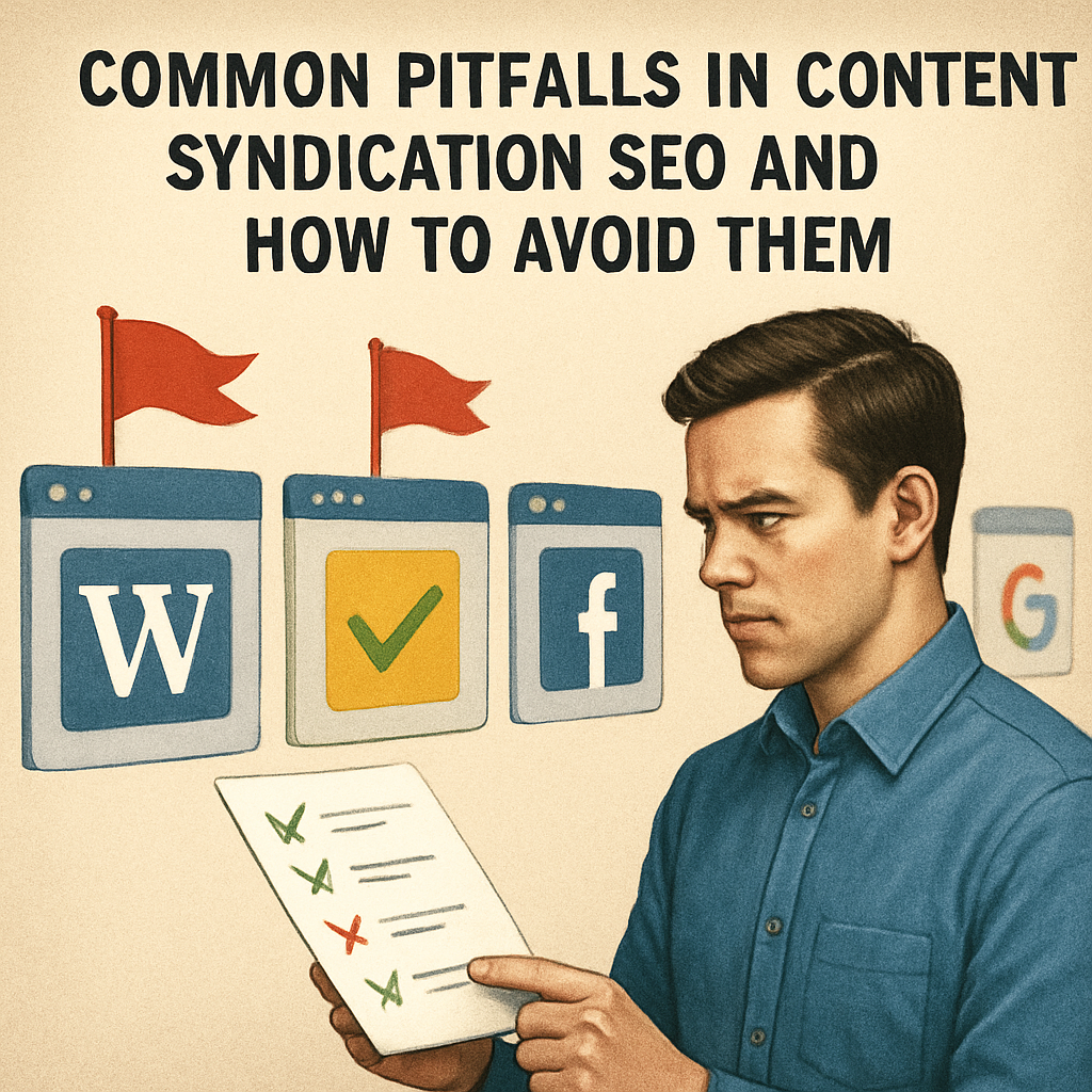 An illustration of a marketer looking at a checklist while a series of web icons representing different syndication partners line up, showing a red flag on low‑authority sites and a green check on high‑quality sites. Alt: Common pitfalls in content syndication seo and how to avoid them.