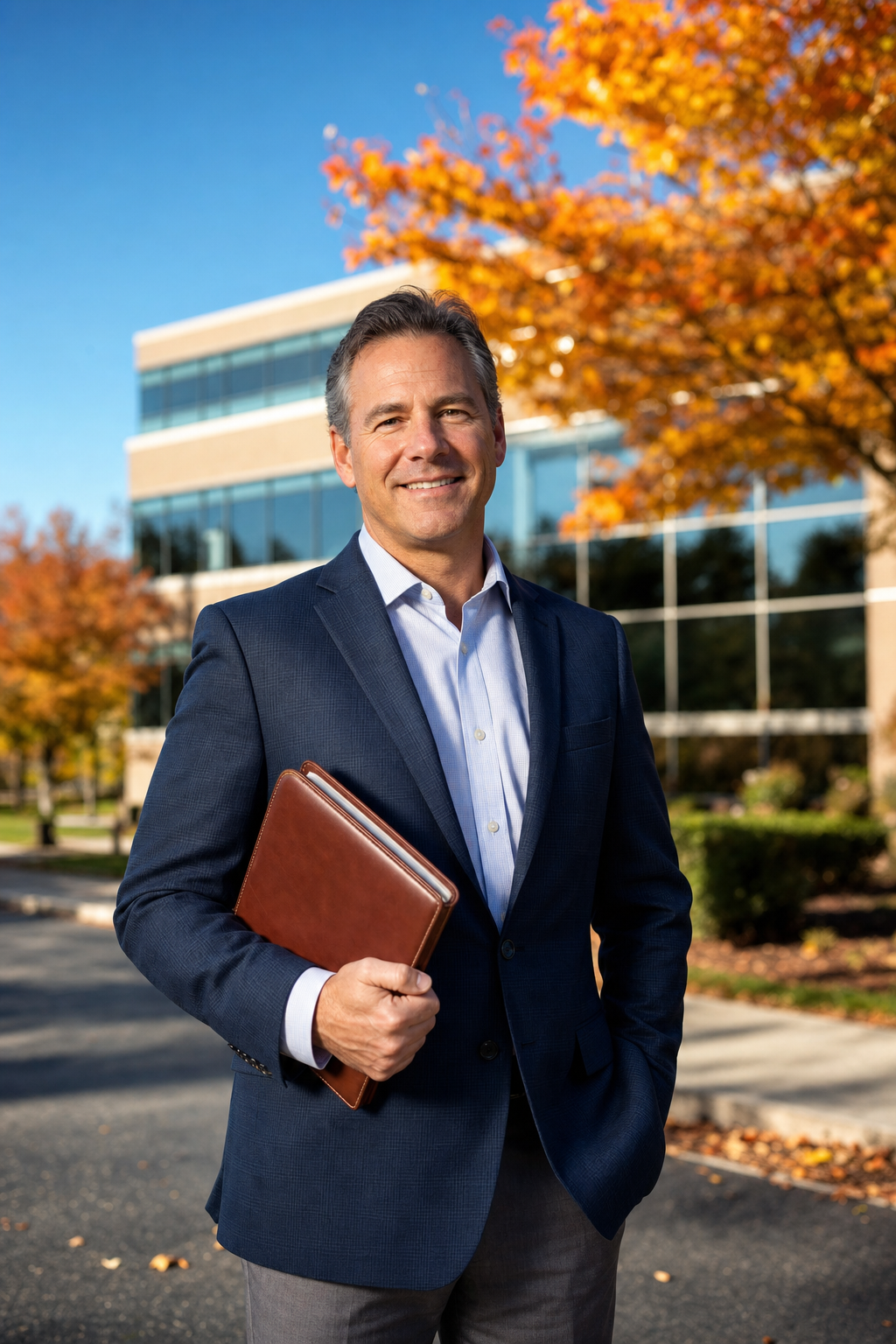 A high-resolution editorial photograph of a confident, middle-aged commercial real estate broker in a sharp blazer reviewing documents with a property owner inside a modern Greater Boston office building lobby. Natural window light, professional corporate photography style, warm tones, shallow depth of field. Alt: commercial real estate broker reviewing commission agreement with property owner in Massachusetts office building.