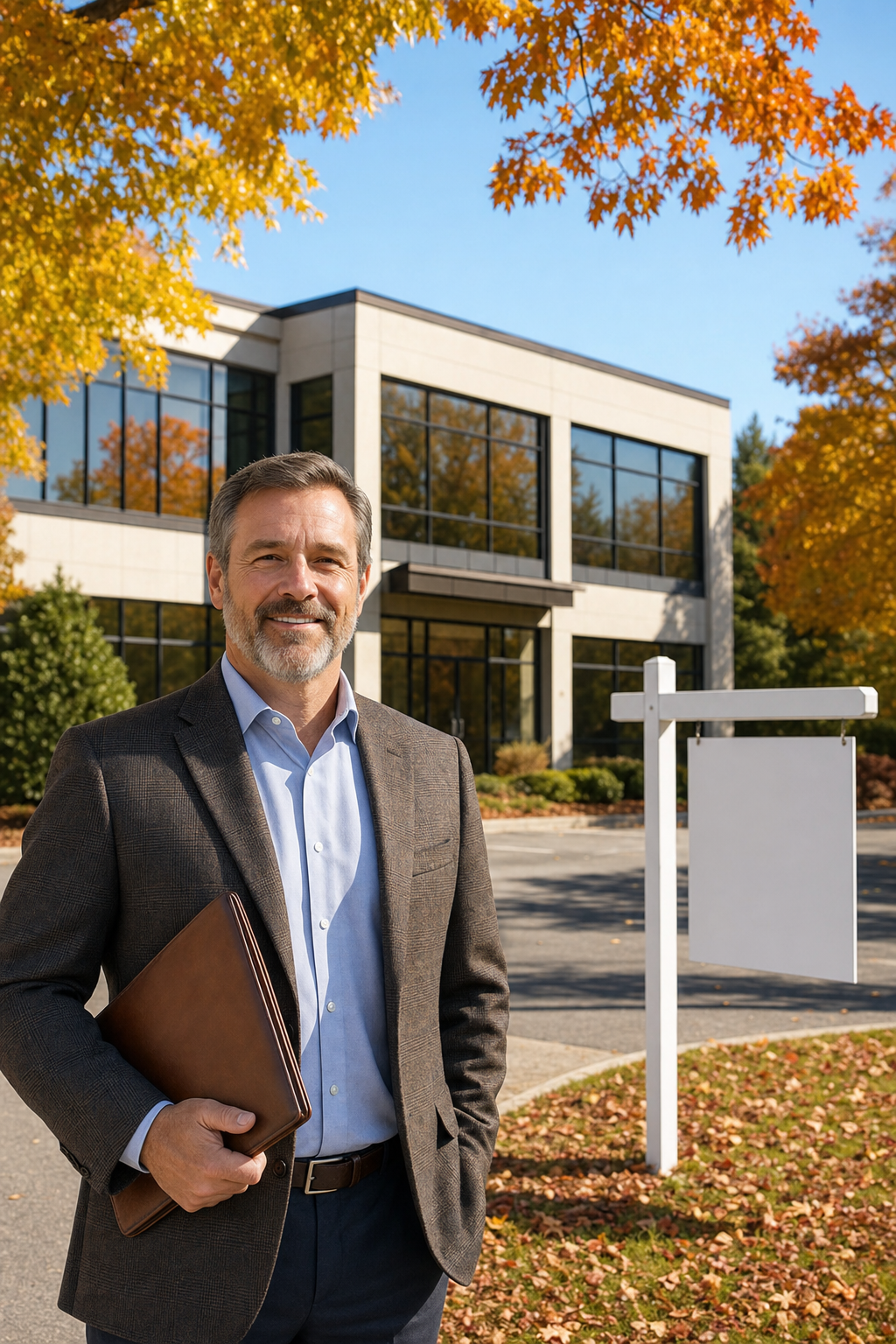 A professional editorial photograph of a Massachusetts commercial real estate property , a mid-size suburban office building with a "For Sale" sign on a bright autumn day, mature trees in background, photorealistic editorial style, wide angle shot. Alt: commercial real estate property for sale in Massachusetts with typical broker commission rates.