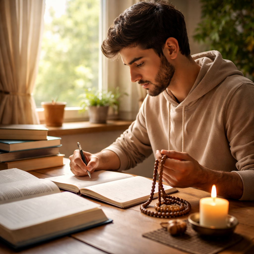A photorealistic scene of a college student sitting at a desk with open textbooks on one side and a small candle or prayer beads on the other, soft natural light streaming through a window, showing a balanced blend of academic work and quiet spiritual reflection. Alt: student balancing study and spiritual practice