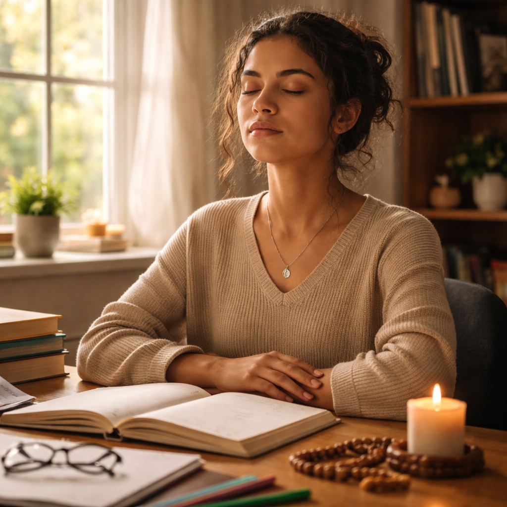 A photorealistic scene of a college student at a desk, mid‑study, with eyes closed for a brief breathing exercise, a small candle or prayer beads beside the notebook, soft natural light streaming through a window, showing the blend of academic focus and spiritual calm. Alt: student practicing mindful breathing during study session