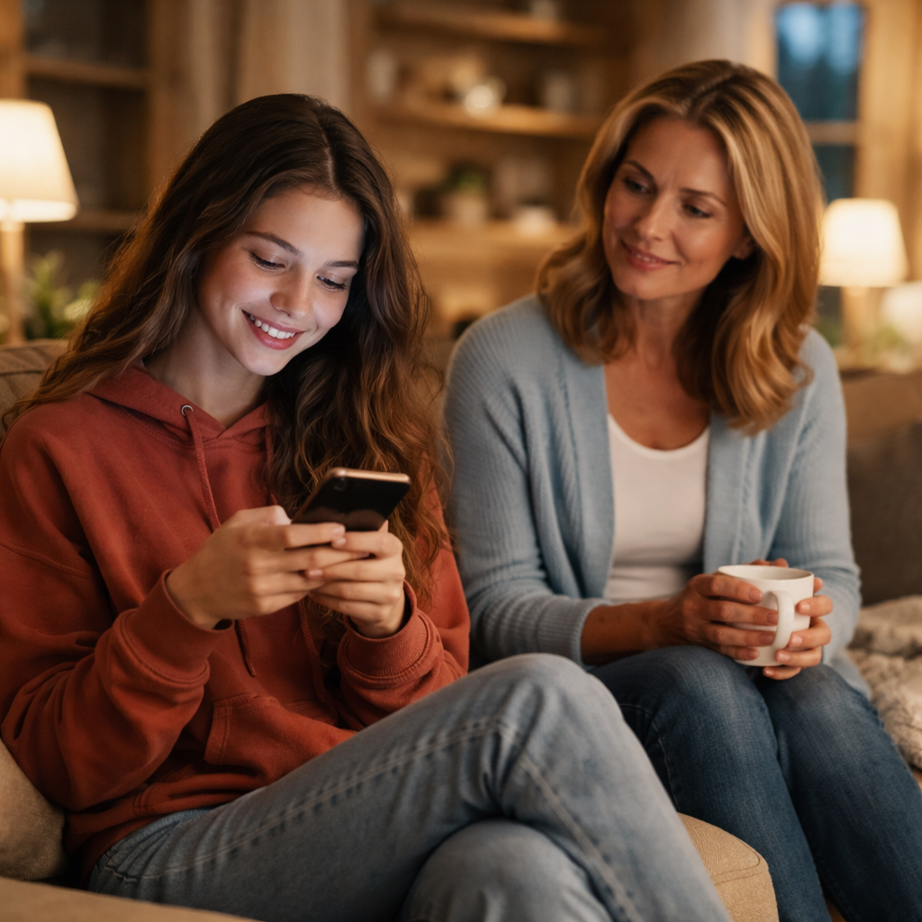 A photorealistic scene of a young adult sending a friendly text on a smartphone while a parent watches approvingly, showing a calm evening at home. Alt: Setting healthy boundaries and expectations between a teen and parents.