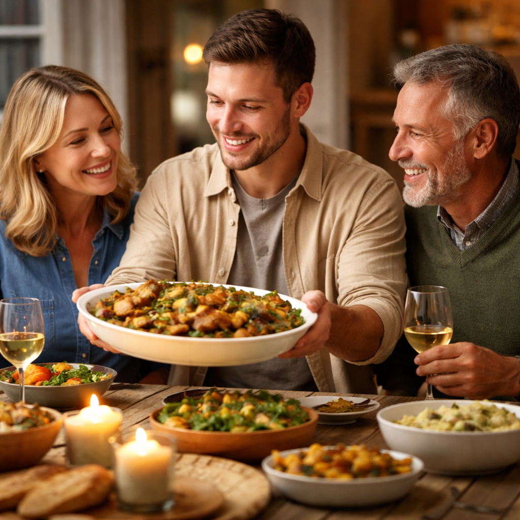 A photorealistic scene of a young adult and their parents sharing a family dinner, adding a new dish the adult prepared, smiling together. Alt: Celebrating shared traditions while creating your own.