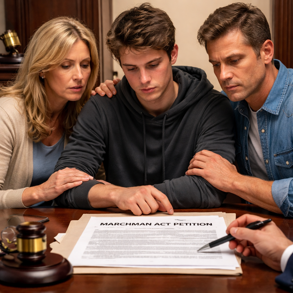 A photorealistic scene showing a concerned family reviewing a Marchman Act petition with a judge's gavel in the background, representing the decision point. Alt: Recognize the need for intervention under the Marchman Act
