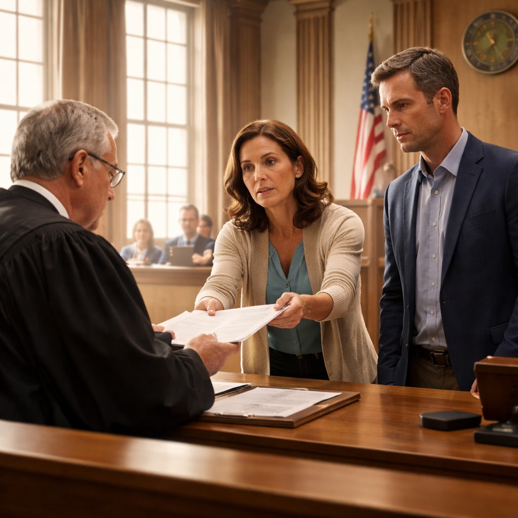 A photorealistic courtroom scene showing a concerned parent handing a stack of papers to a judge, with a calm counselor standing nearby. Light streams through tall windows, highlighting the serious yet hopeful atmosphere. Alt: Court hearing for a Marchman Act petition, emphasizing family support and legal process.