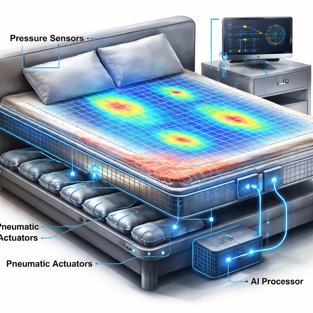 A realistic illustration of a smart bed’s internal sensor grid, pressure mapping heat map, and pneumatic actuators, showing how data flows from the mattress surface to the AI processor. Alt: smart bed sensor and actuator diagram