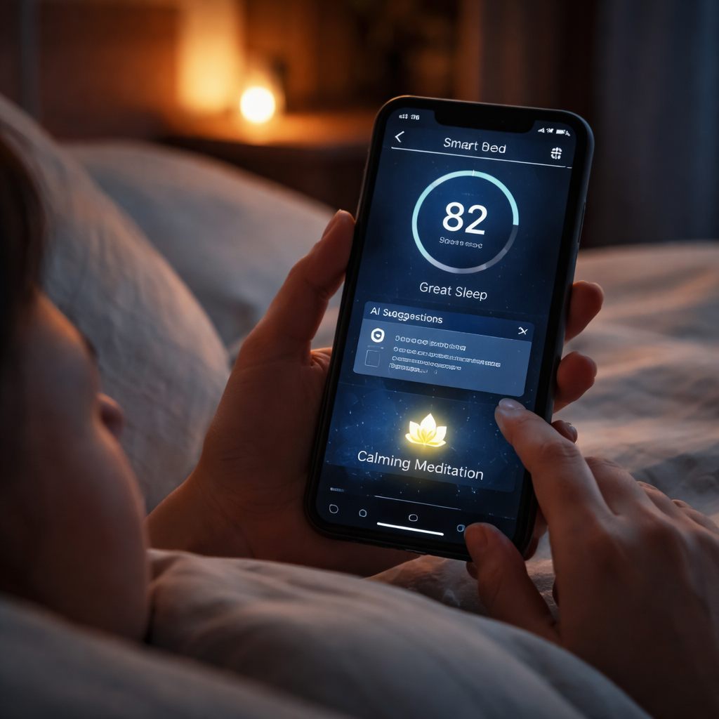 A realistic scene of a person checking a smart‑bed app on a phone while lying in bed, the screen shows sleep score, AI suggestions, and a calming meditation icon. Alt: smart bed AI coaching app interface
