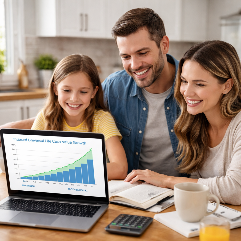 A photorealistic scene of a family sitting at a kitchen table with a laptop open to a chart showing index growth and cash value, realistic lighting, reflecting everyday financial planning. Alt: indexed universal life cash value growth illustration
