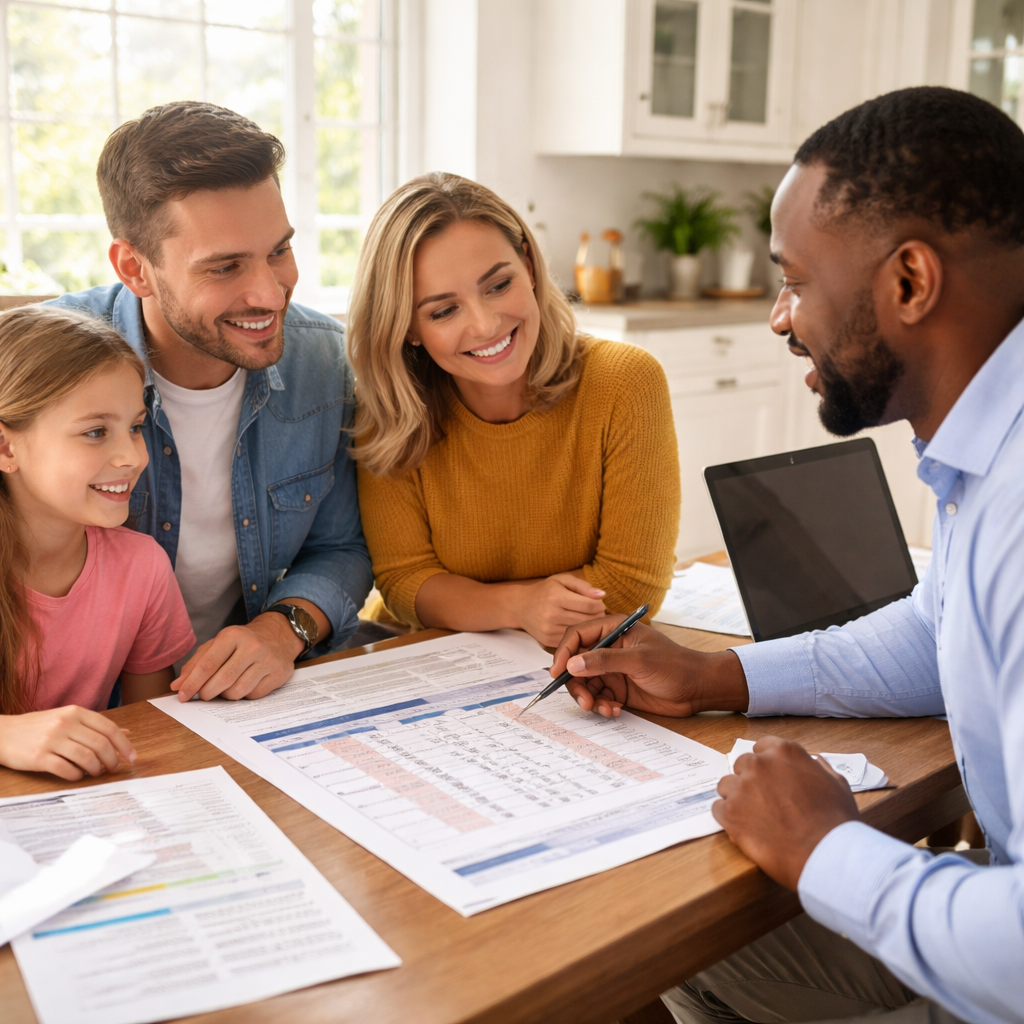 A photorealistic scene of a family and a small‑business owner sitting at a kitchen table, reviewing a simple spreadsheet that shows index growth scenarios and cash‑value projections for an IUL policy. Light streams through a window, highlighting the papers. Alt: Indexed universal life strategy planning with real‑life examples.