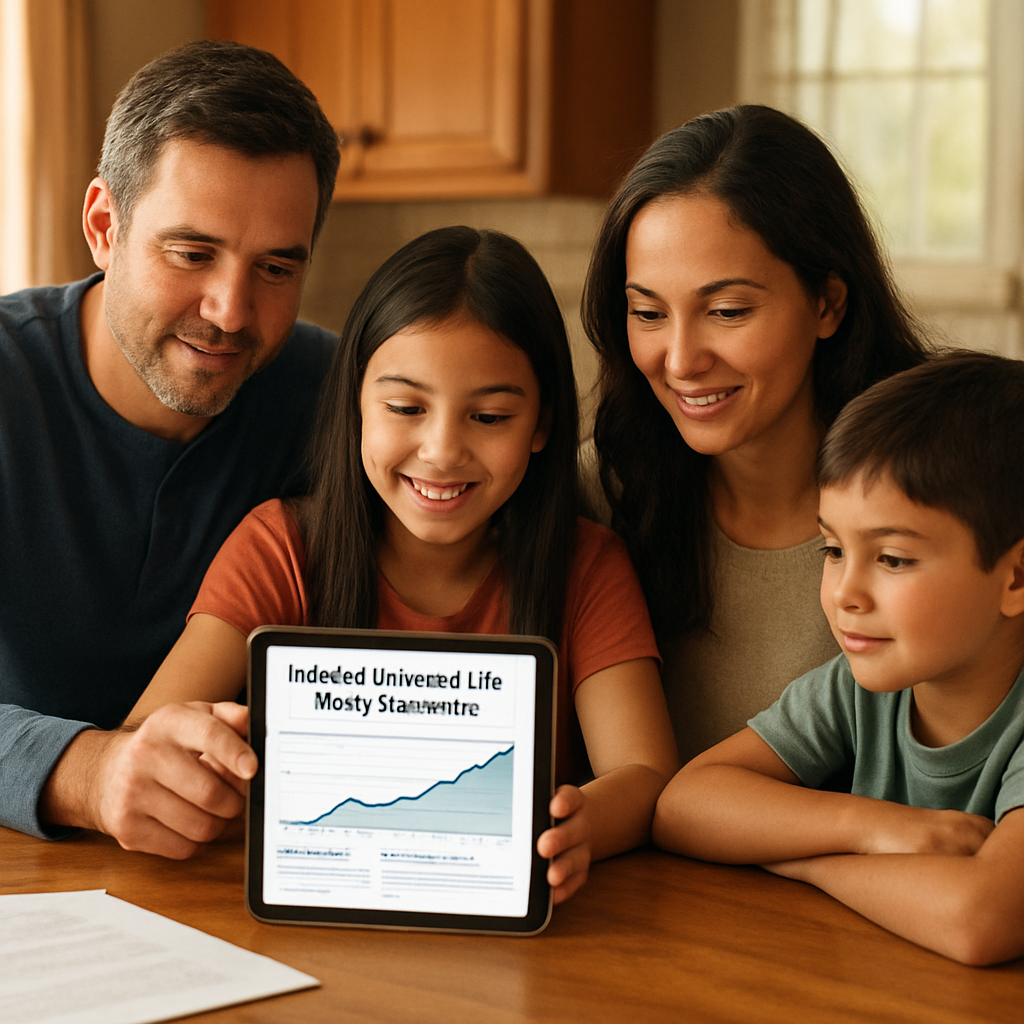 A photorealistic scene of a family gathered around a kitchen table, reviewing an Indexed Universal Life policy statement on a tablet, with a subtle chart overlay showing indexed growth; Realism style; warm lighting; reflects a middle‑class American household planning their financial future. Alt: Indexed Universal Life basics illustration for families planning financial security.