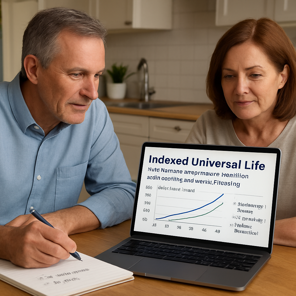 A photorealistic scene of a middle‑aged couple at a kitchen table reviewing an Indexed Universal Life illustration on a laptop, with charts showing cash‑value growth and a notepad listing retirement and legacy goals. Alt: How Indexed Universal Life works for retirement and legacy planning.