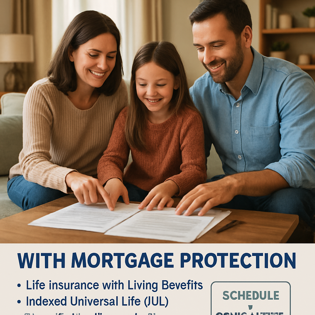 A cozy living room with a family reviewing mortgage papers on a coffee table, showcasing peace of mind. Alt: mortgage protection insurance understanding and family security