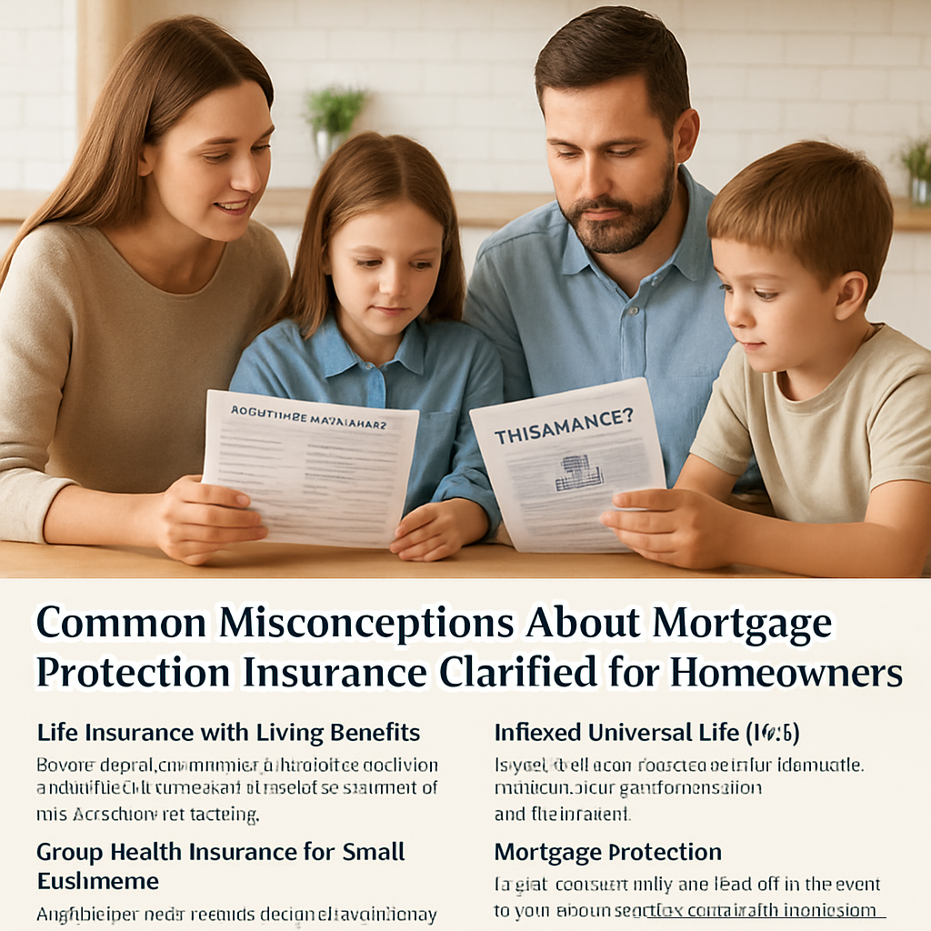 A family gathered around a kitchen table, reviewing a mortgage statement and insurance brochure together. Alt: Common misconceptions about mortgage protection insurance clarified for homeowners.