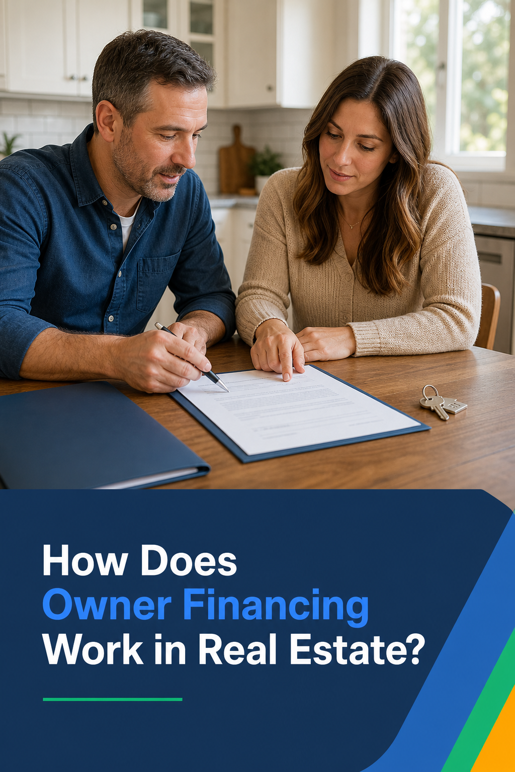 A realistic scene of two people at a kitchen table reviewing real estate documents together, with a house key resting beside a signed contract, natural light coming through a window, warm tones, brand accent color #3E5063 subtly reflected in a folder or pen. Alt: Buyer and seller reviewing owner financing contract at a table.
