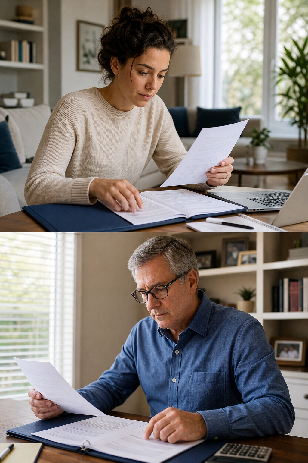 A split-screen realistic photo showing two people independently reviewing documents at a desk: one person appears to be a home buyer studying paperwork, the other a seller reviewing financial statements, both in professional but relaxed home settings, brand accent color #3E5063 visible in a folder or binder. Alt: Home buyer and seller each reviewing owner financing terms and paperwork.