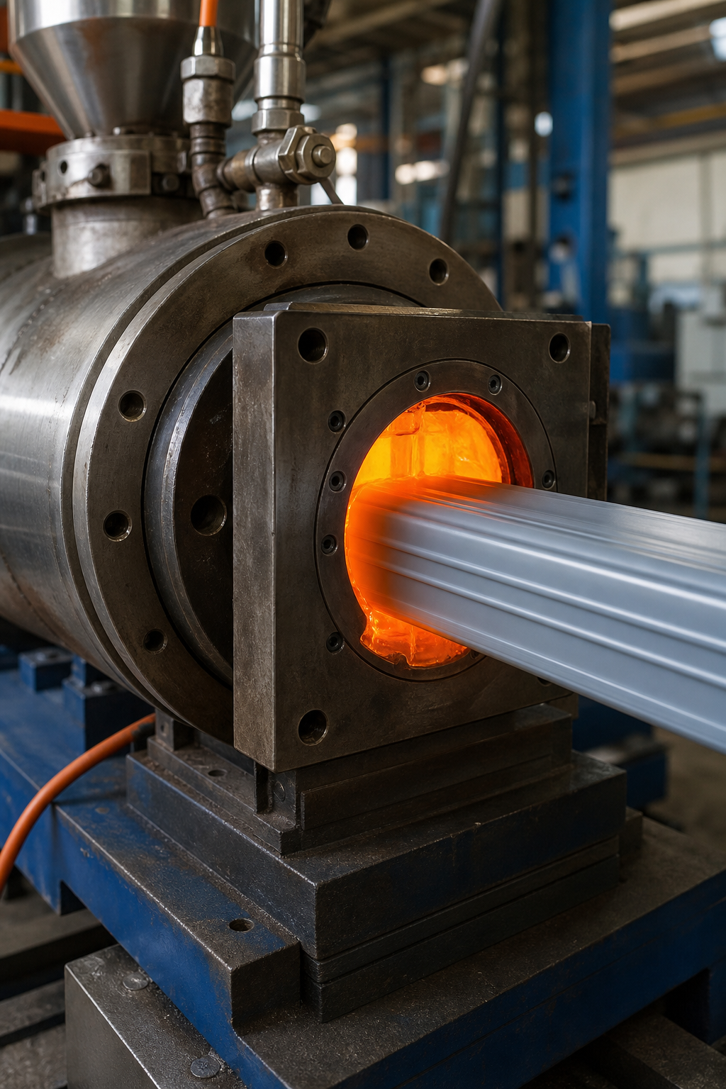 A photorealistic view of molten plastic being pushed through a metal die, with bright orange melt and a cool, solidified extrudate exiting the die. Alt: plastic extrusion process showing melt and die.