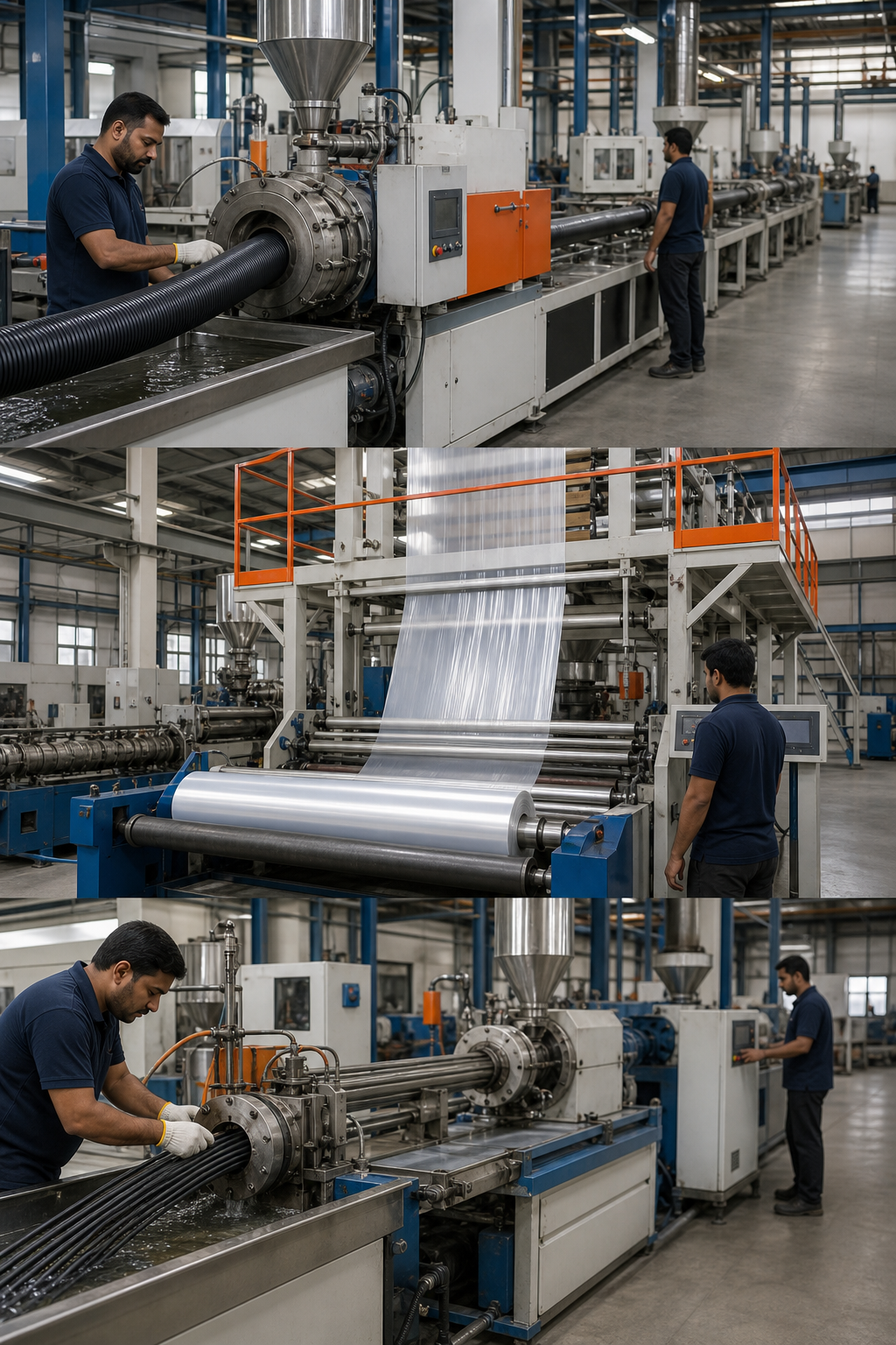 A photorealistic scene of a factory floor with multiple extrusion lines producing pipes, film, and cable, showing workers inspecting dies and cooling baths. Alt: industrial plastic extrusion applications across industries.