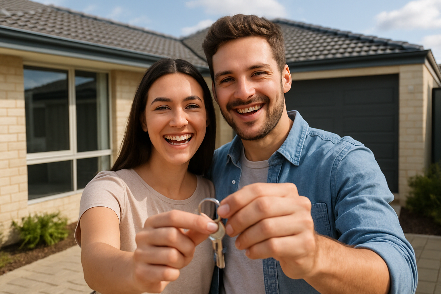 Image of a young couple holding house keys smiling outside their new home in Baldivis, WA. Alt: Young first home buyer couple celebrating with first home buyer grants WA.