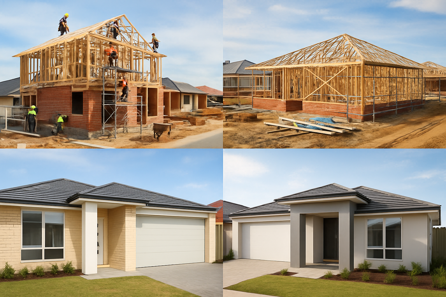 Montage of construction sites and newly finished houses in Perth suburbs. Alt: New home builds benefiting from first home buyer grants wa.
