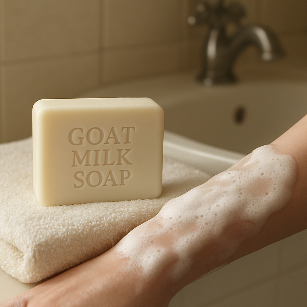 A serene bathroom scene with a bar of goat milk soap and a soft towel, highlighting the creamy lather on sensitive skin. Alt: goat milk soap for sensitive skin