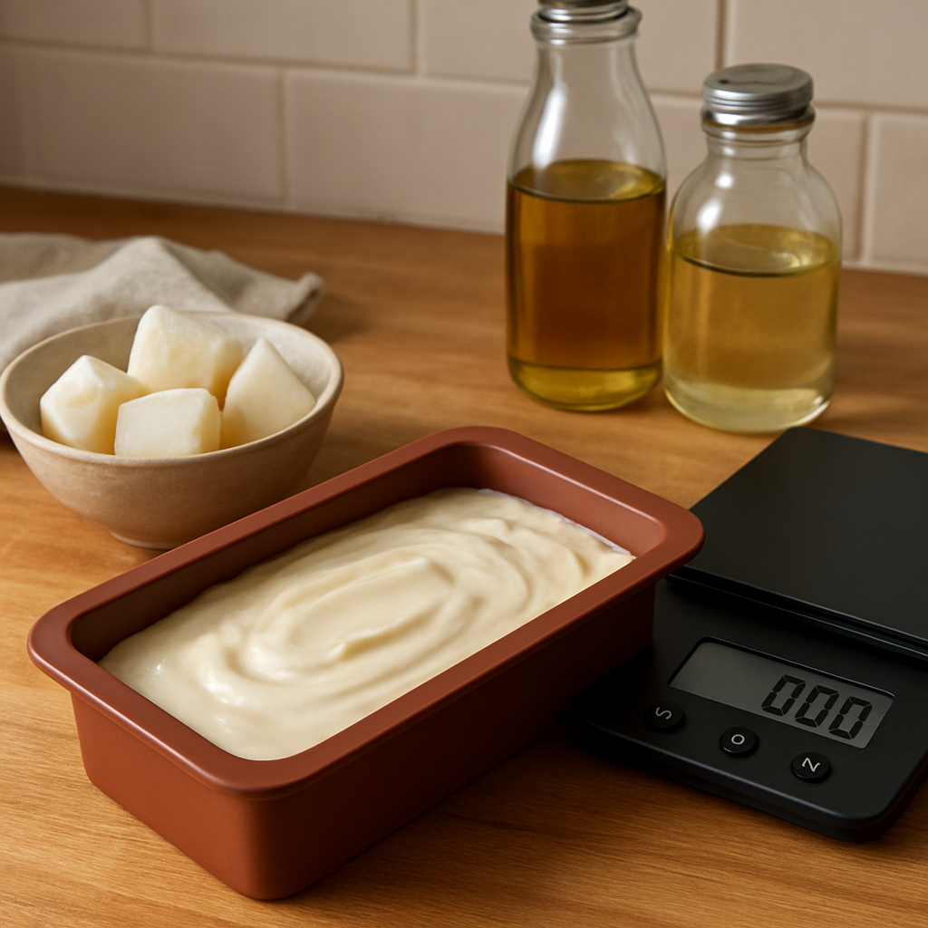 A warm kitchen scene with a silicone mold filled with creamy goat milk soap batter, a small bowl of frozen goat milk cubes, and a digital scale beside olive and coconut oils. Alt: DIY goat milk soap for sensitive skin