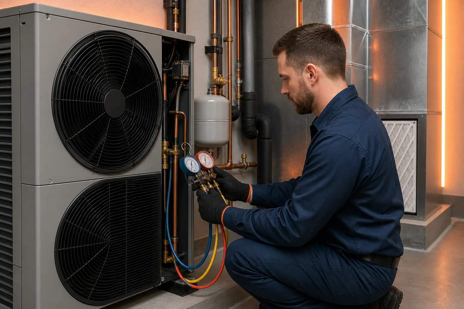 technician checking a quiet heat pump and new refrigerant system.