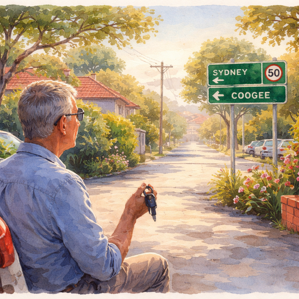 A watercolor painting of a patient sitting in a sunny Sydney suburb driveway, looking at a clear road sign while holding car keys. The scene shows a calm early‑morning atmosphere, with soft pastel colours and gentle brush strokes, highlighting confidence after eye surgery. Alt: Patient checking vision before driving after cataract surgery.