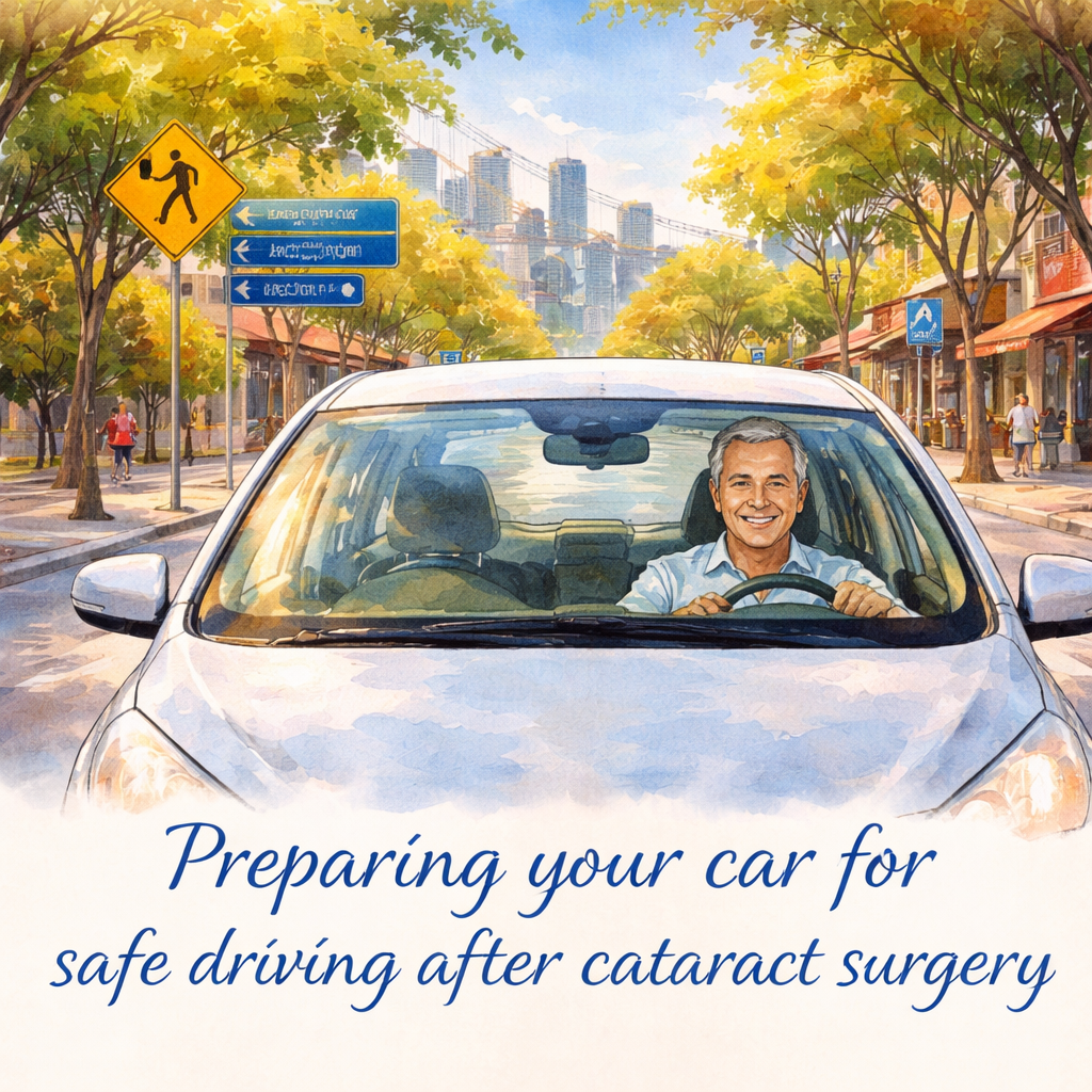 A Watercolor painting of a sunny Sydney street with a compact car, clean windshield, and a driver smiling confidently after cataract surgery, showing clear road signs and bright morning light. Alt: Preparing your car for safe driving after cataract surgery.