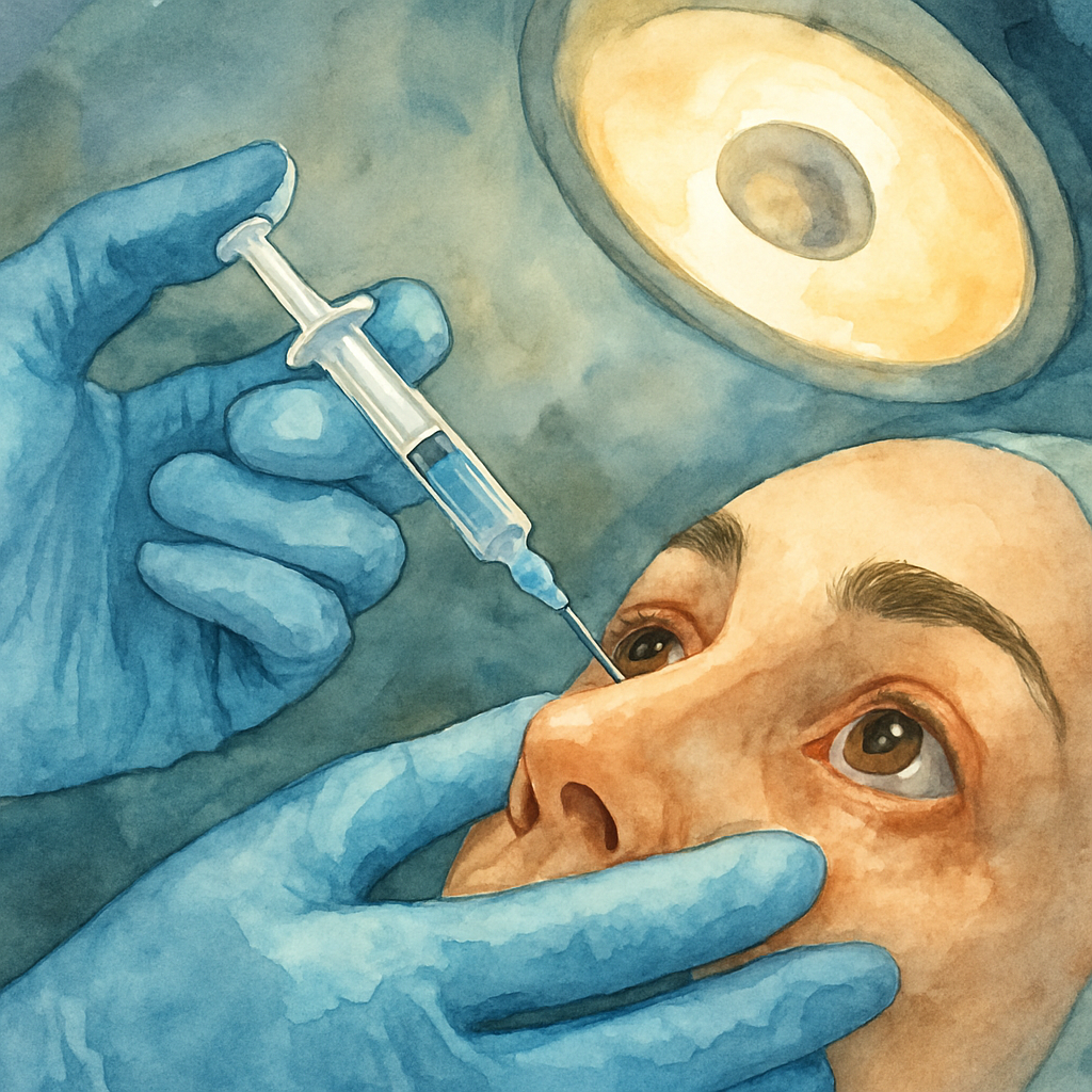 A close‑up of an ophthalmologist preparing a sterile syringe for an intravitreal injection, showing the tiny needle and the patient’s eye under a surgical lamp. Alt: Types of eye injections and how they work