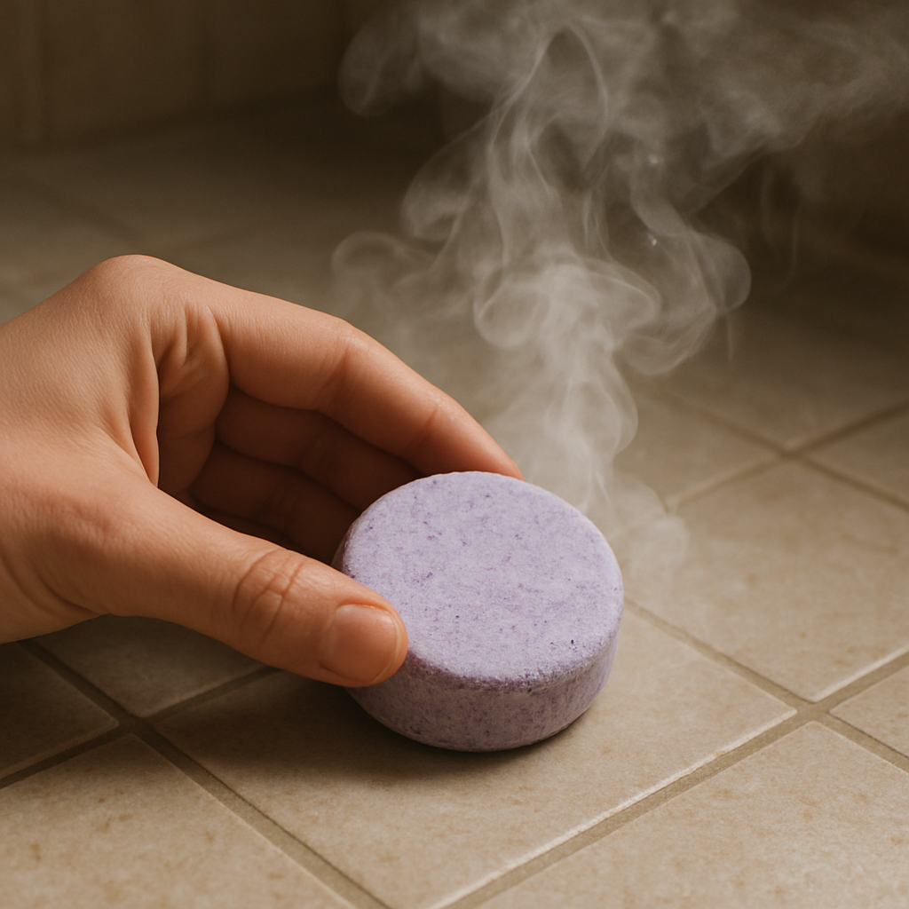 A close‑up of a hand holding a lavender shower steamer on a tiled shower floor, steam swirling around it. Alt: Lavender shower steamer ingredients and steam diffusion illustration.