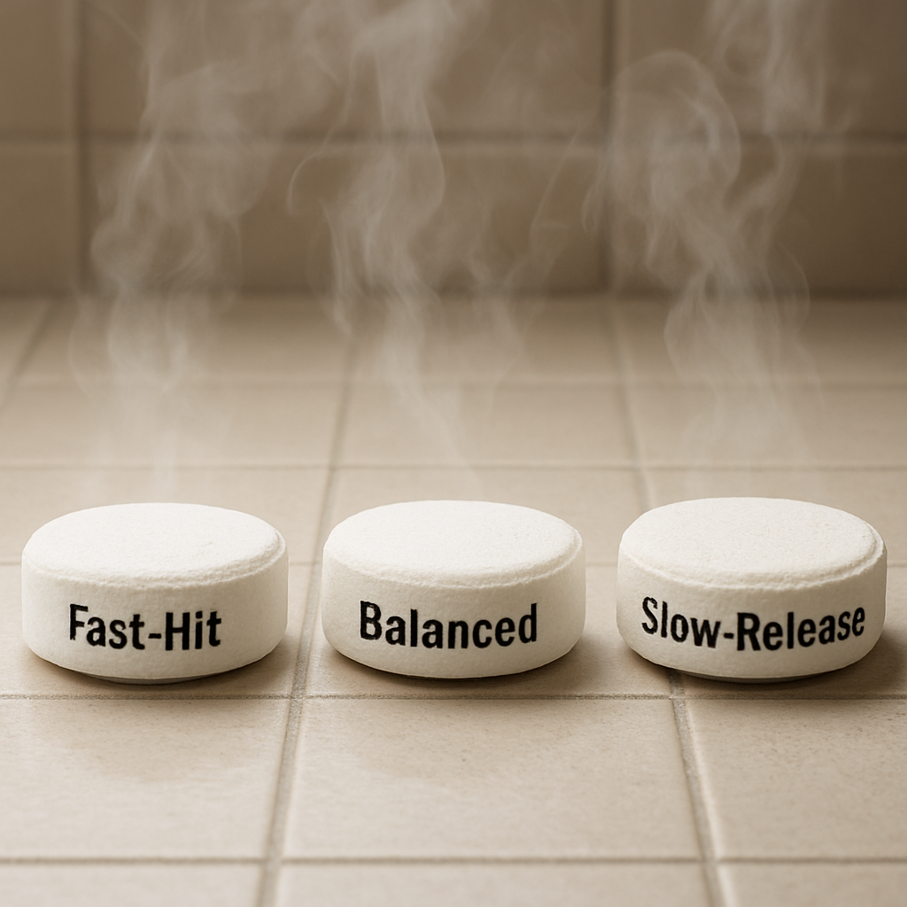 A side‑by‑side display of three shower steamer tablets labeled “Fast‑Hit”, “Balanced”, and “Slow‑Release” on a tiled bathroom floor, with steam rising. Alt: Comparing shower steamer brands and their aroma duration.