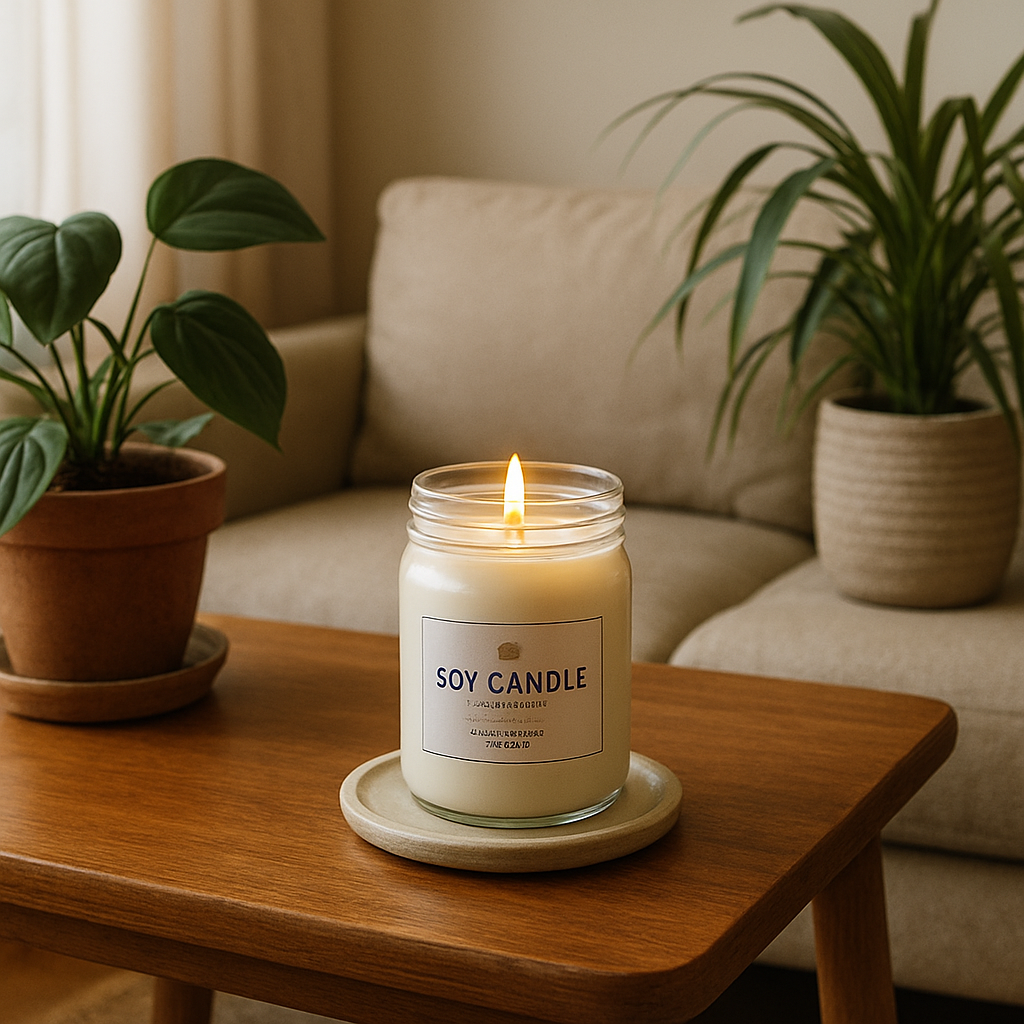 A small wooden table with a soy candle on a heat‑resistant coaster, surrounded by plants, in a quiet living room setting. Alt: Soy candle on heat‑resistant coaster.