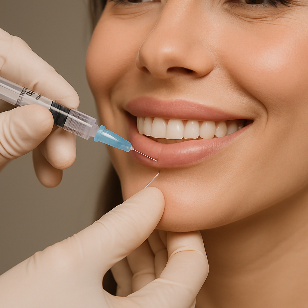 A close-up of a cosmetic professional performing a lip flip injection on a smiling woman’s upper lip, highlighting the subtle enhancement result. Alt: Lip flip procedure showing Botox injection relaxing upper lip muscles for a natural fuller look.