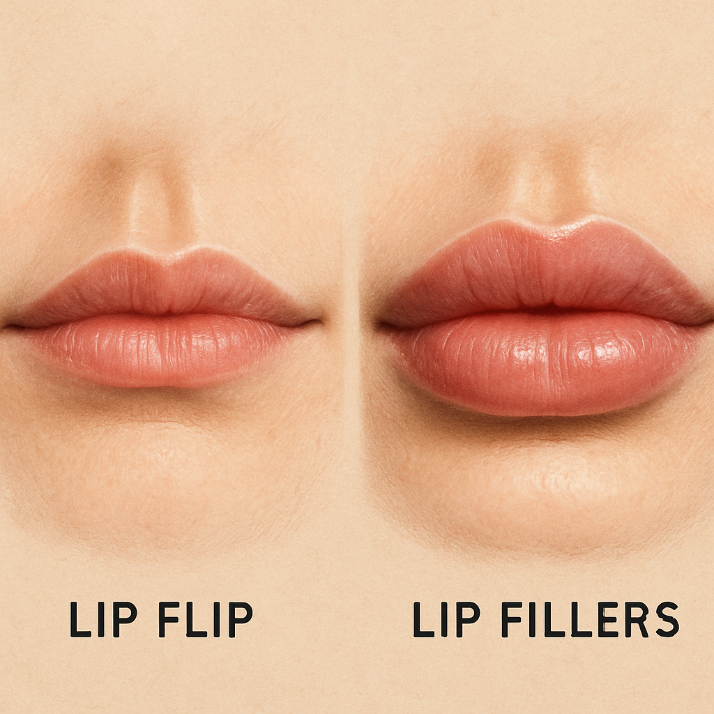 Side-by-side artistic illustration of lips, one showing a subtle lip flip effect with slightly rolled upper lip, and the other showing fuller, plumper lips after fillers. Alt: Comparison of lip flip versus lip fillers showing effect on upper lip shape and volume.