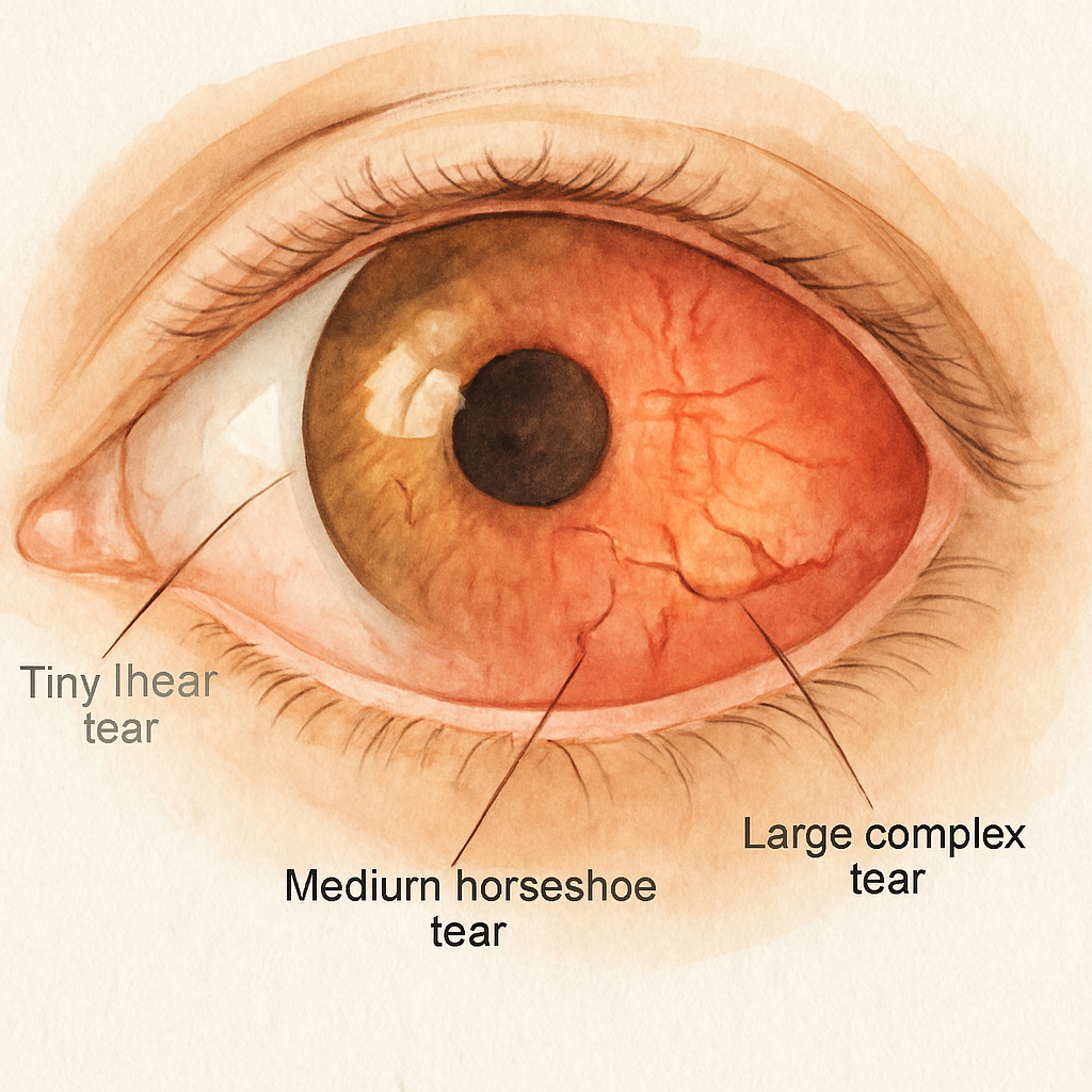 A close‑up illustration of a human eye showing different types of retinal tears – tiny linear tear at the periphery, medium horseshoe tear, and large complex tear near the macula. Alt: Different retinal tear types and their locations for healing timeline.