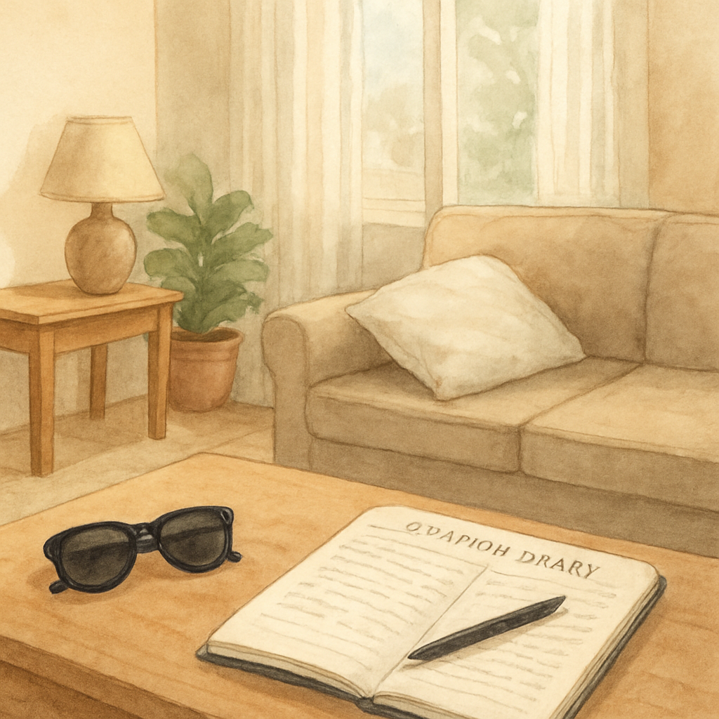 A cozy Sydney living room with soft natural light filtered through sheer curtains, a pair of UV‑blocking sunglasses on a coffee table, a face‑down pillow propped on a sofa, and a notebook open with a symptom diary. Alt: Home recovery setup for retinal tear patients, emphasizing comfort and eye protection.