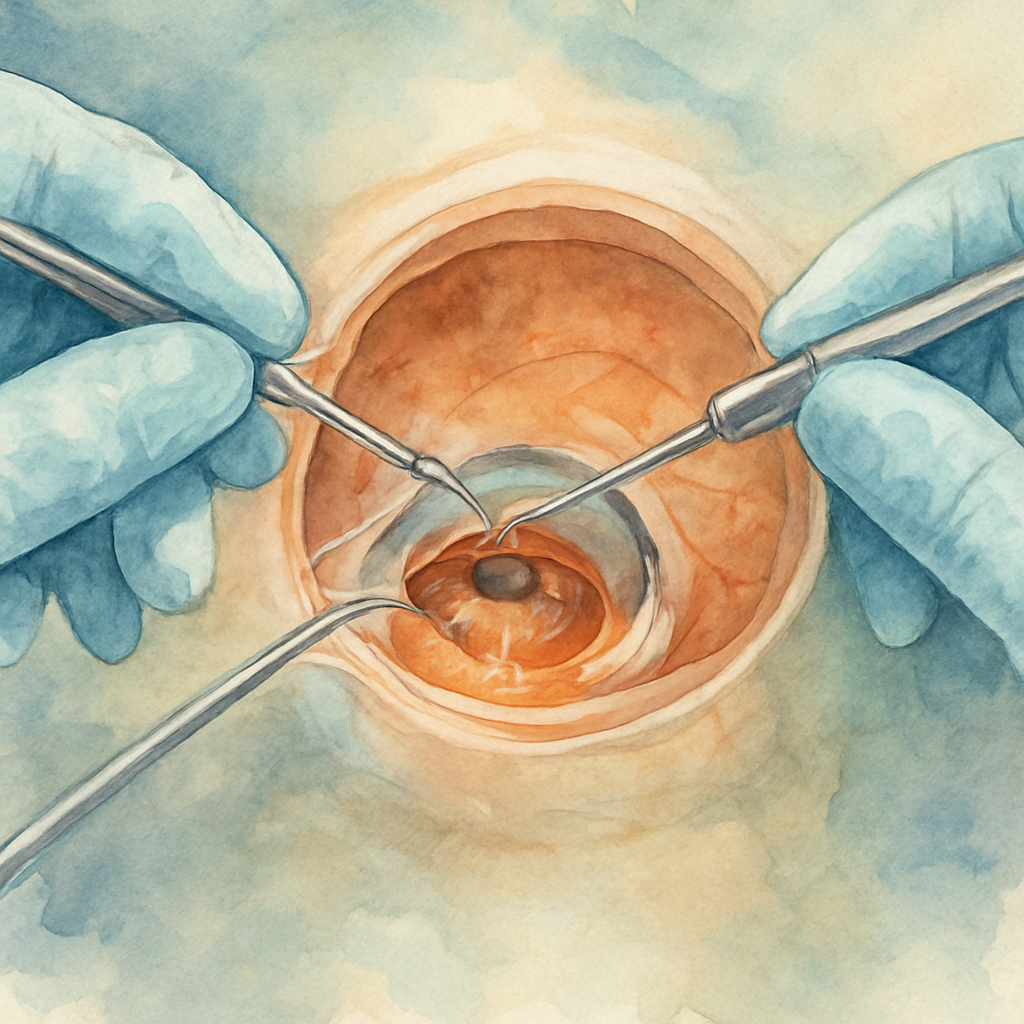 A close‑up illustration of a surgeon’s hands performing a vitrectomy, showing the tiny instruments inside an eye. Alt: Detailed view of vitrectomy procedure steps.